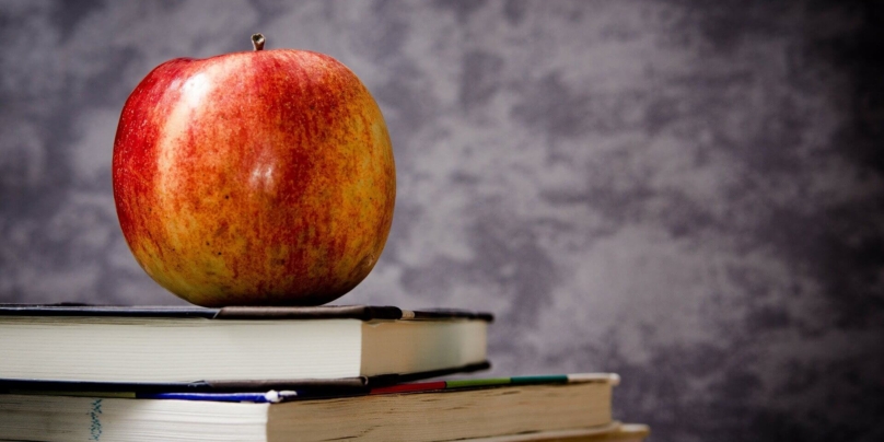 Studiowanie dietetyka, jabłko i książki