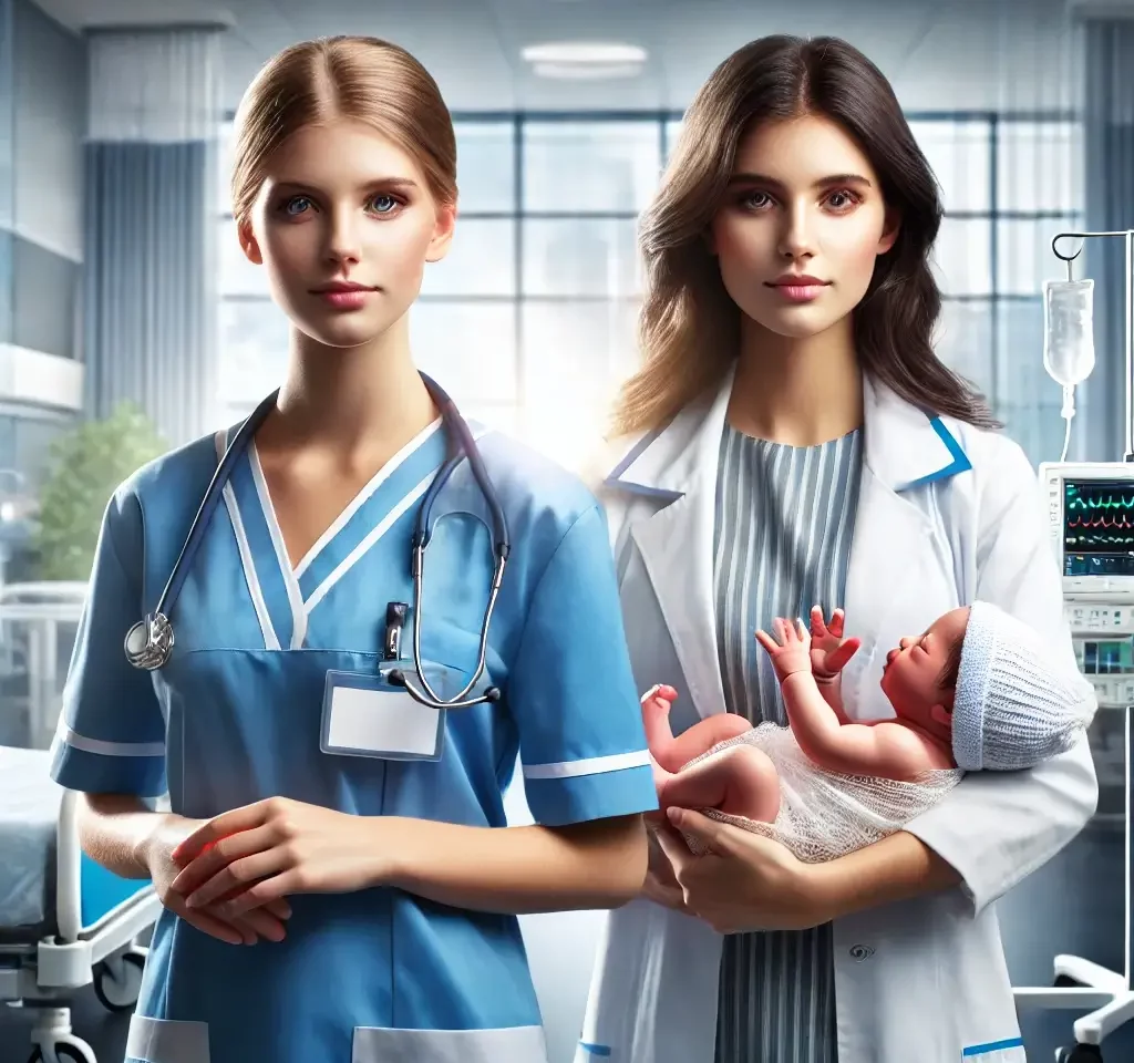 image showing two healthcare professionals_ a nurse and a midwife, standing confidently in a modern hospital setting. The nur
