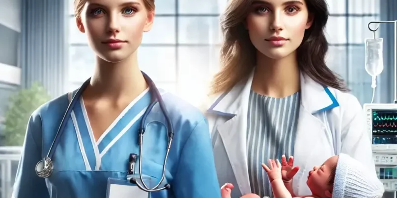 image showing two healthcare professionals_ a nurse and a midwife, standing confidently in a modern hospital setting. The nur