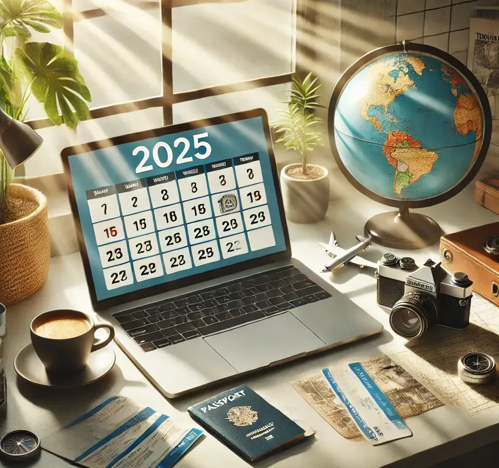 An image depicting a serene vacation planning scene. A modern desk with a laptop displaying a calendar for 2025, surrounded by travel items like a pas
