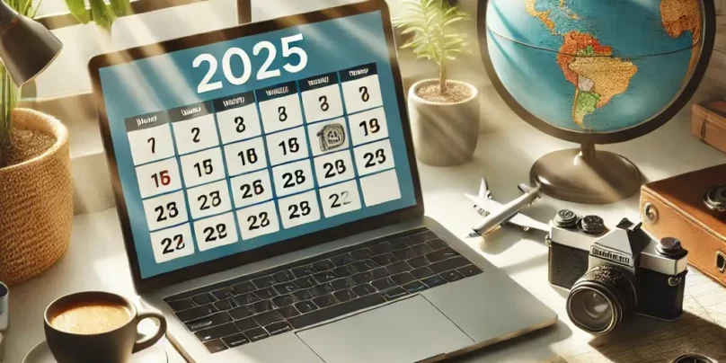 An image depicting a serene vacation planning scene. A modern desk with a laptop displaying a calendar for 2025, surrounded by travel items like a pas