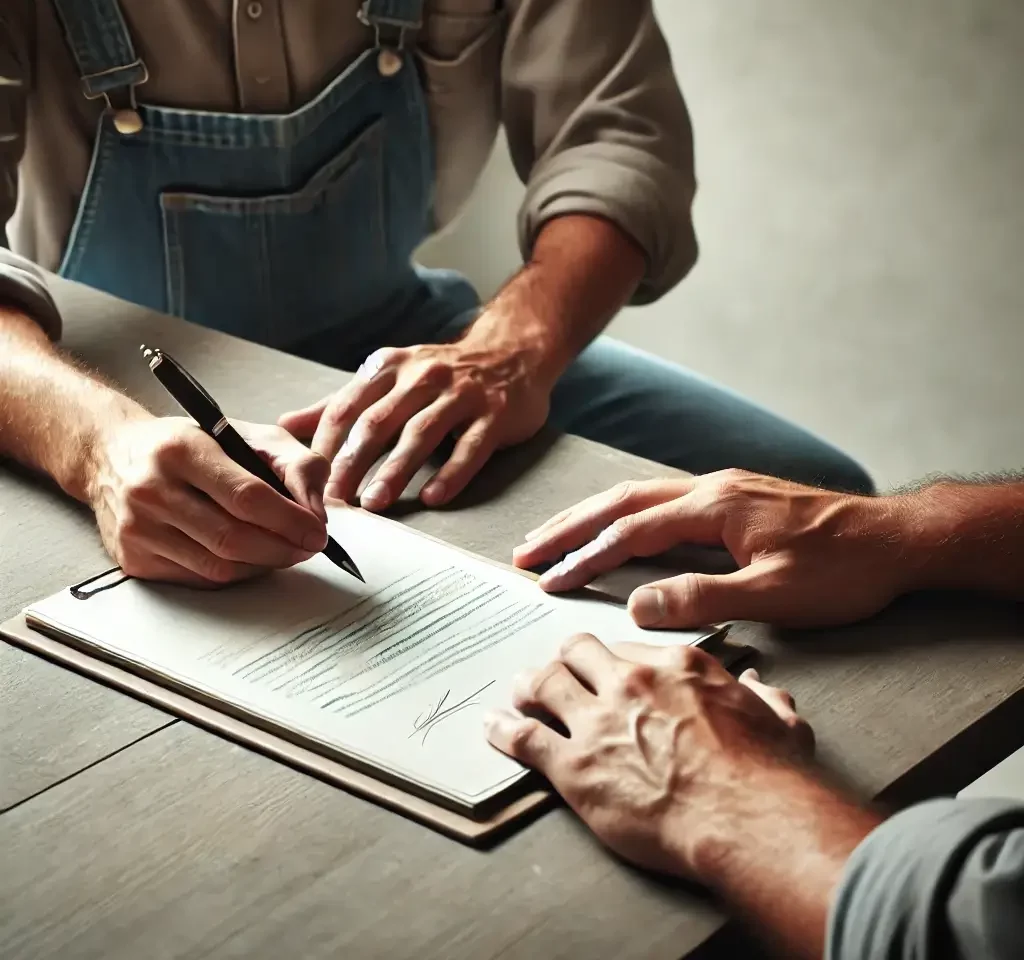 Two workers in casual attire signing a contract on a simple desk in an informal setting, with a neutral background. The focus is on the interaction an
