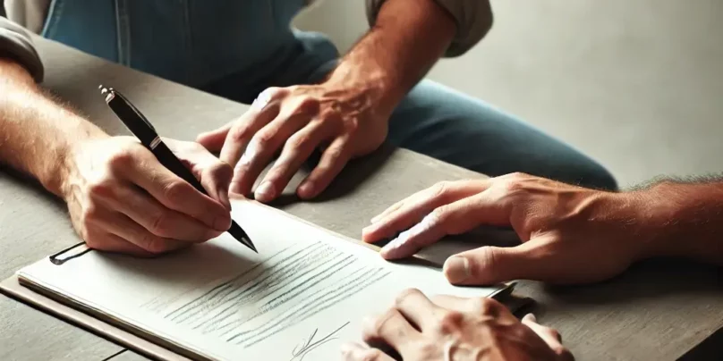 Two workers in casual attire signing a contract on a simple desk in an informal setting, with a neutral background. The focus is on the interaction an
