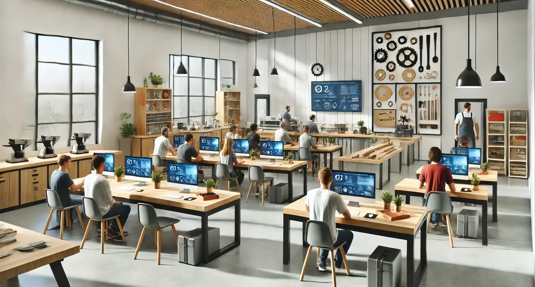 A modern training center interior showcasing a professional classroom setting. The room is equipped with desks, computers, and a whiteboard, with peop