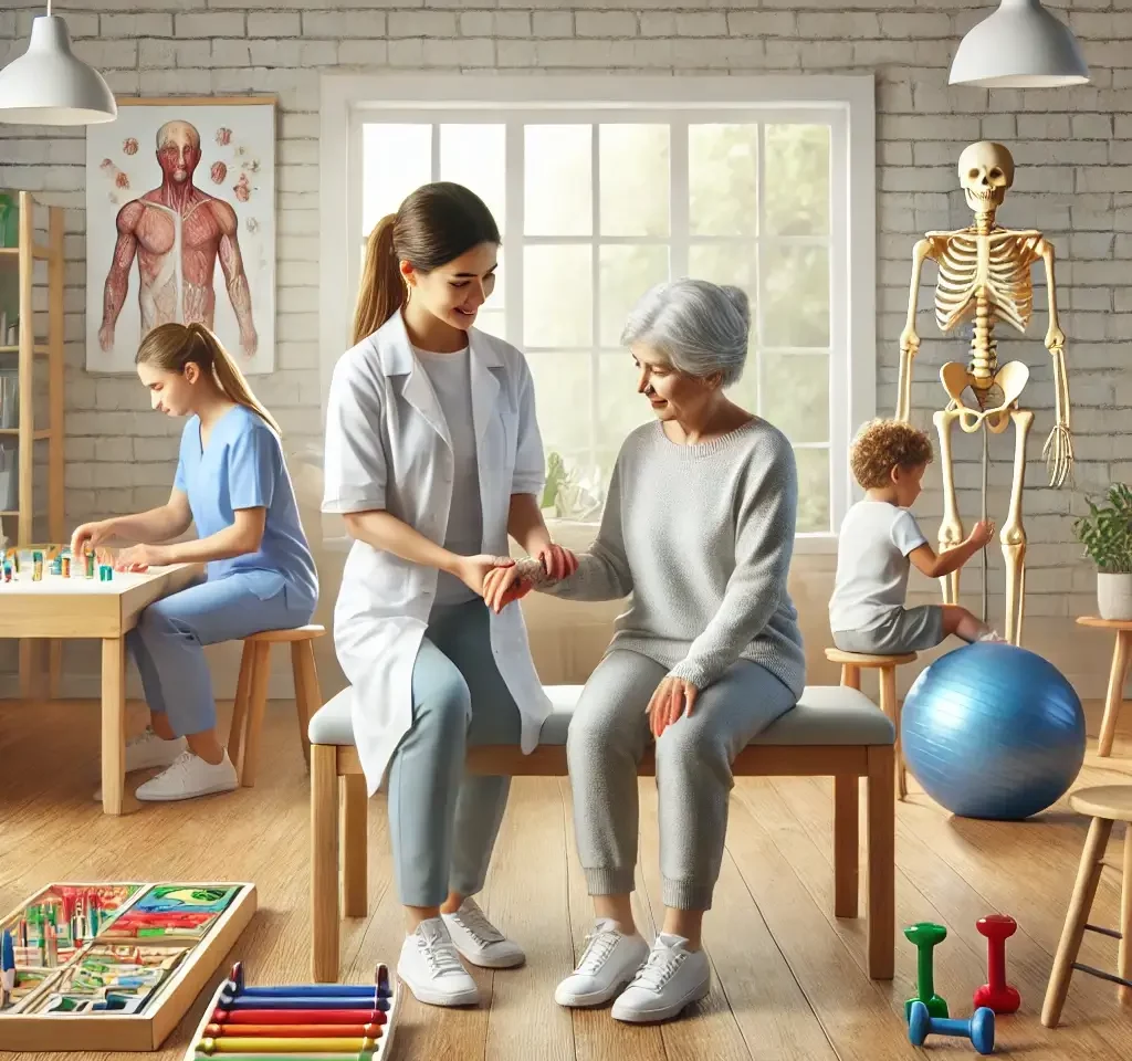 A realistic and professional illustration of an occupational therapist working with a diverse group of patients in a bright, welcoming therapy room. T