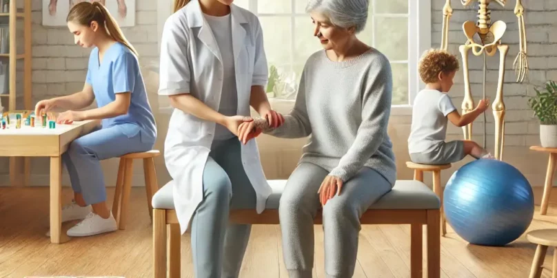 A realistic and professional illustration of an occupational therapist working with a diverse group of patients in a bright, welcoming therapy room. T