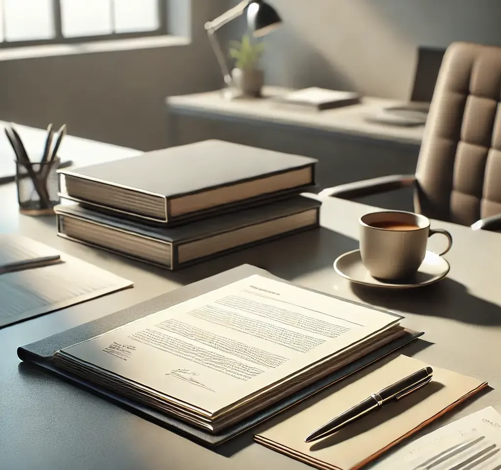 A realistic image of an office desk with documents neatly arranged. The desk features a stack of papers, an open notebook, a pen, and a cup of coffee