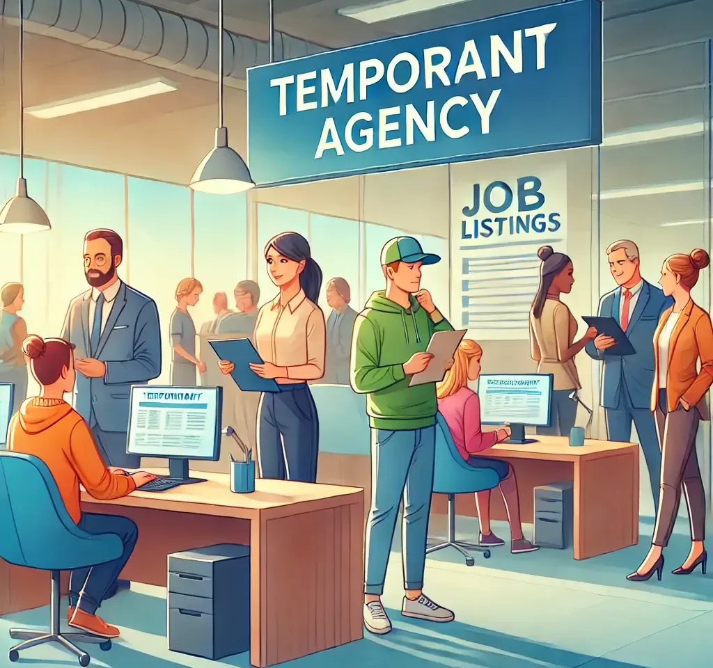 An illustration of temporary workers at an employment agency office. The scene includes a diverse group of individuals interacting with friendly agenc