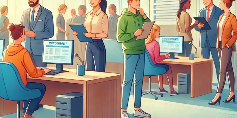 An illustration of temporary workers at an employment agency office. The scene includes a diverse group of individuals interacting with friendly agenc