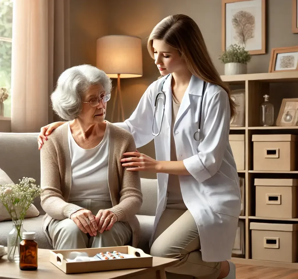 scene depicting a caregiver assisting an elderly person in a warm and cozy home setting. The caregiver, a compassionate and attentive pers