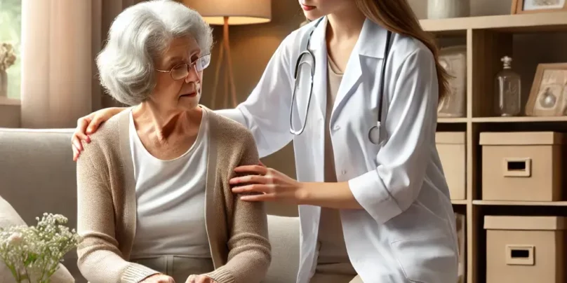 scene depicting a caregiver assisting an elderly person in a warm and cozy home setting. The caregiver, a compassionate and attentive pers